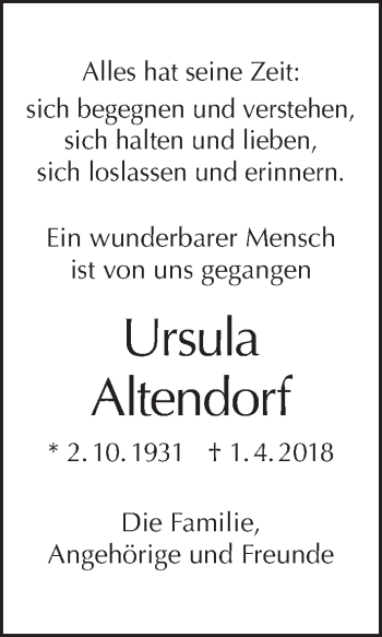 Traueranzeige von Ursula Altendorf von Tagesspiegel