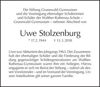 Traueranzeige von Uwe Stolzenburg von Tagesspiegel