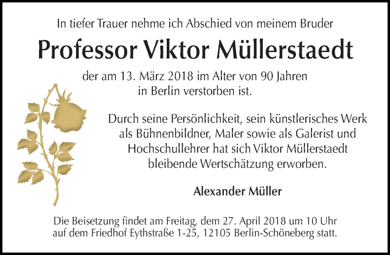  Traueranzeige für Viktor Müllerstaedt vom 22.04.2018 aus Tagesspiegel
