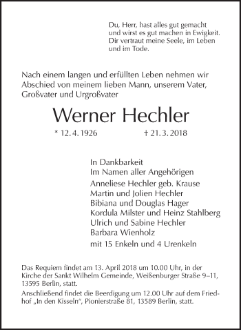 Traueranzeige von Werner Hechler von Tagesspiegel