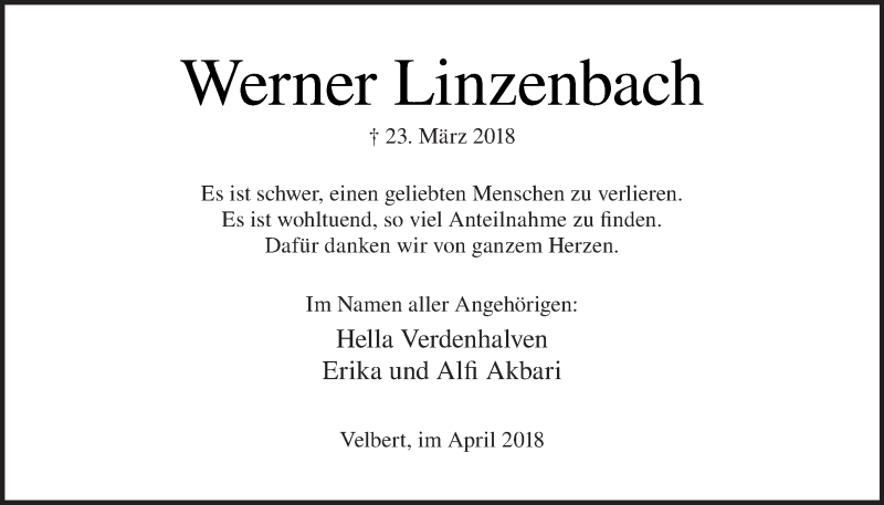  Traueranzeige für Werner Linzenbach vom 21.04.2018 aus Tagesspiegel