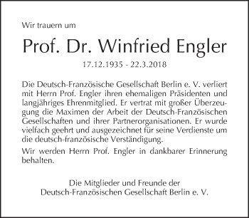 Traueranzeige von Winfried Engler von Tagesspiegel
