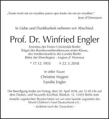 Traueranzeige von Winfried Engler von Tagesspiegel