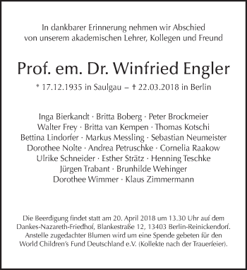 Traueranzeige von Winfried Engler von Tagesspiegel