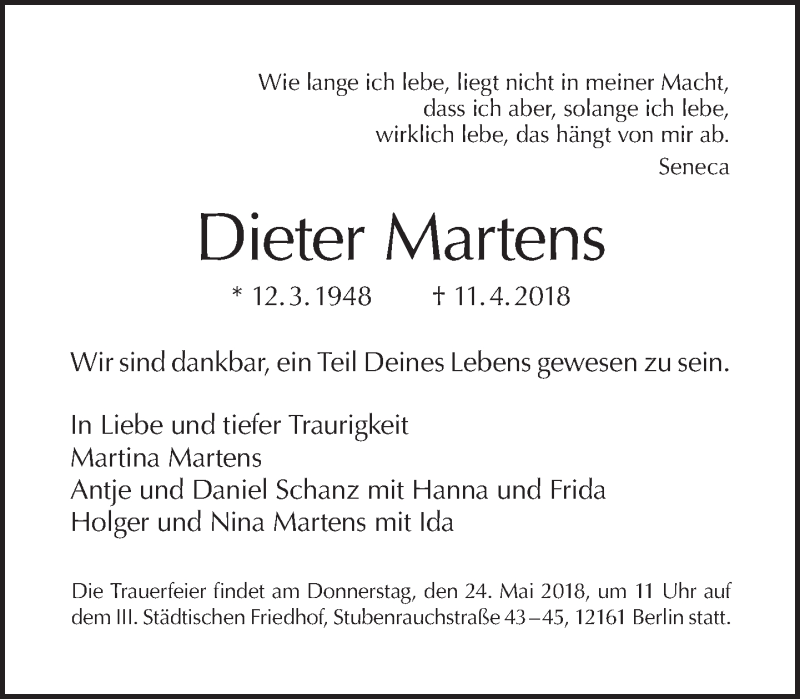  Traueranzeige für Dieter Martens vom 13.05.2018 aus Tagesspiegel