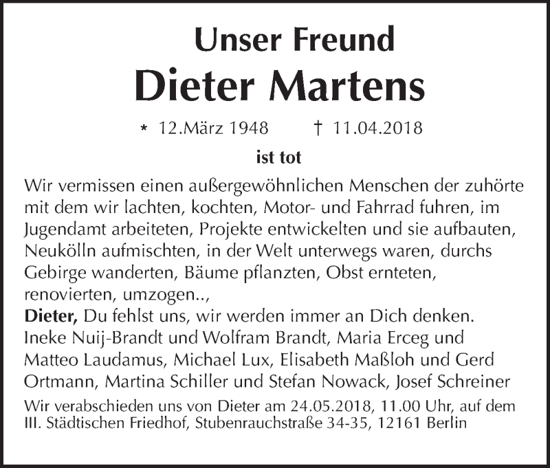  Traueranzeige für Dieter Martens vom 13.05.2018 aus Tagesspiegel