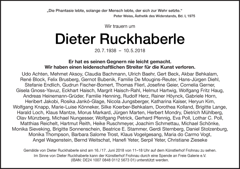  Traueranzeige für Dieter Ruckhaberle vom 20.05.2018 aus Tagesspiegel