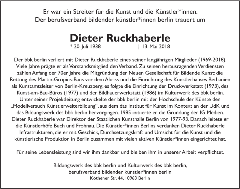  Traueranzeige für Dieter Ruckhaberle vom 20.05.2018 aus Tagesspiegel