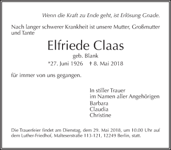 Traueranzeige von Elfriede Claas von Tagesspiegel