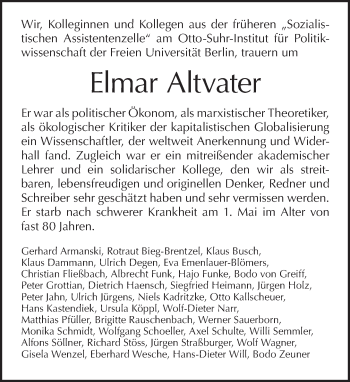 Traueranzeige von Elmar Altvater von Tagesspiegel