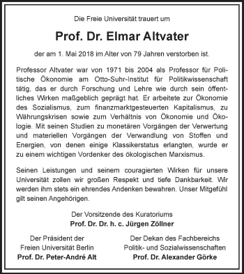 Traueranzeige von Elmar Altvater von Tagesspiegel