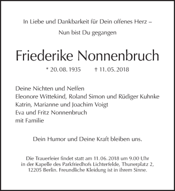 Traueranzeige von Friederike Nonnenbruch von Tagesspiegel