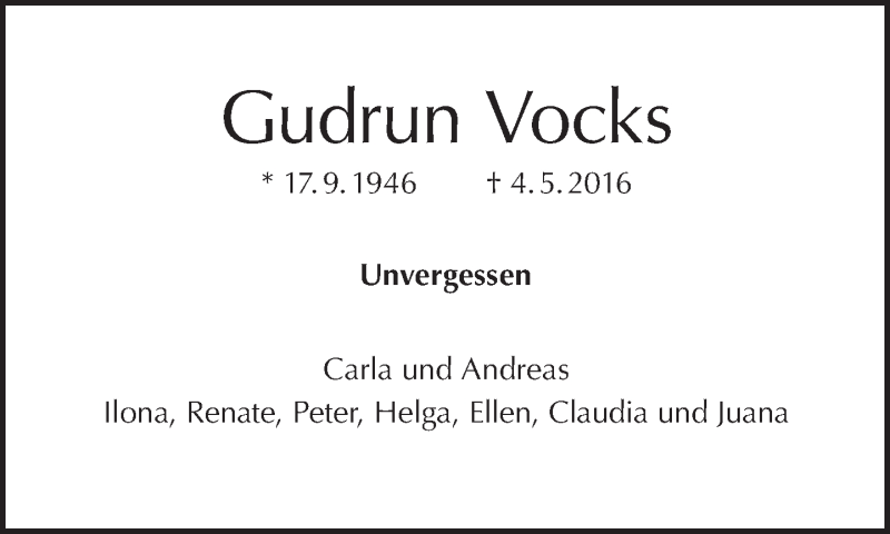  Traueranzeige für Gudrun Vocks vom 06.05.2018 aus Tagesspiegel