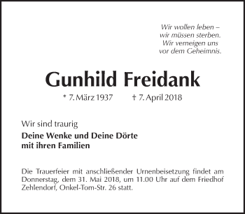 Traueranzeige von Gunhild Freidank von Tagesspiegel