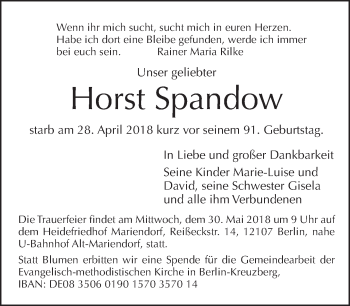 Traueranzeige von Horst Spandow von Tagesspiegel
