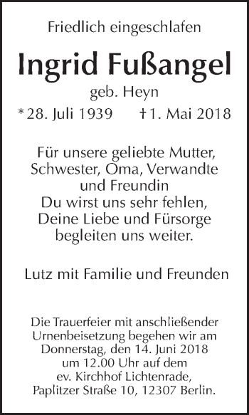 Traueranzeige von Ingrid Fußangel von Tagesspiegel