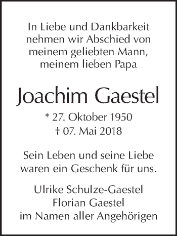 Traueranzeige von Joachim Gaestel von Tagesspiegel