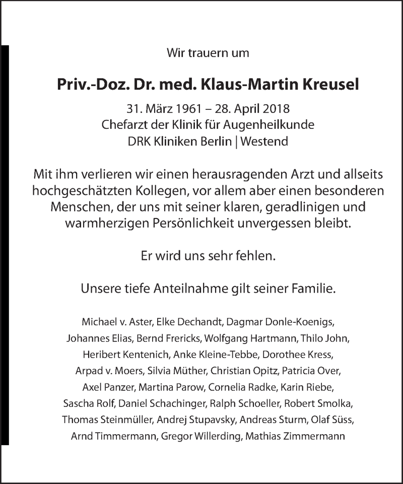  Traueranzeige für Klaus-Martin Kreusel vom 06.05.2018 aus Tagesspiegel