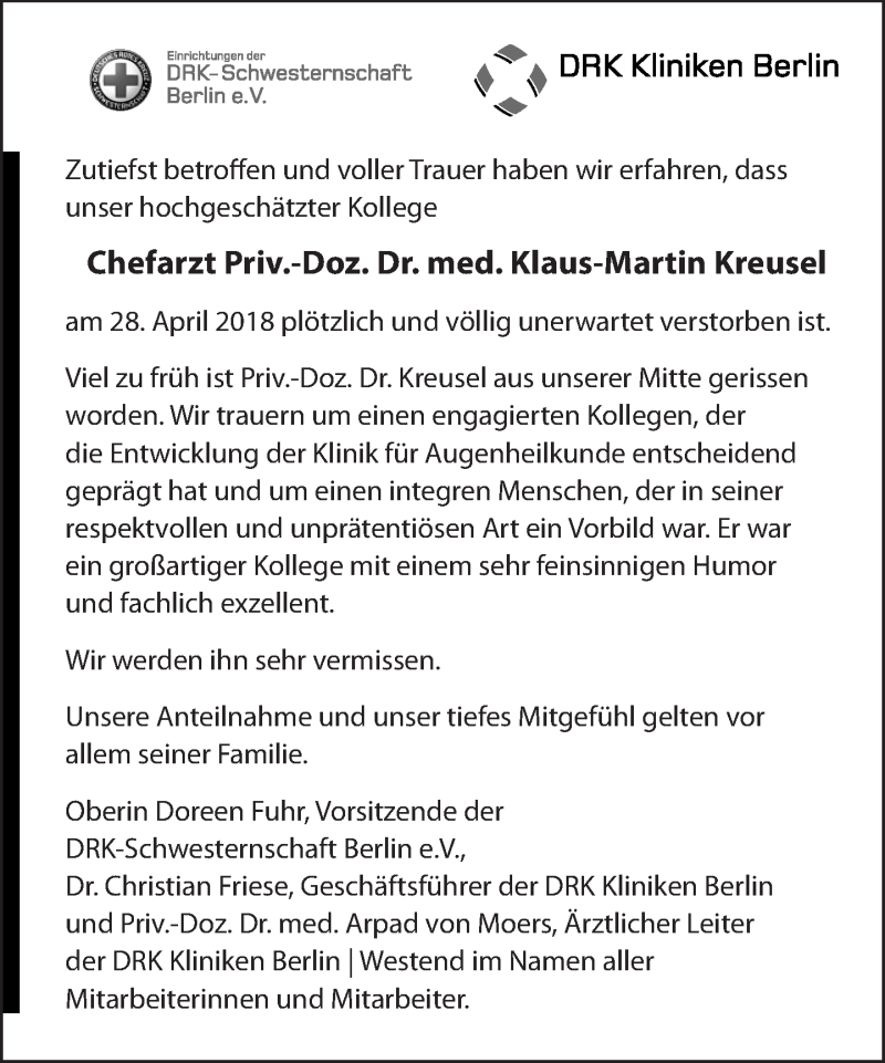  Traueranzeige für Klaus-Martin Kreusel vom 05.05.2018 aus Tagesspiegel