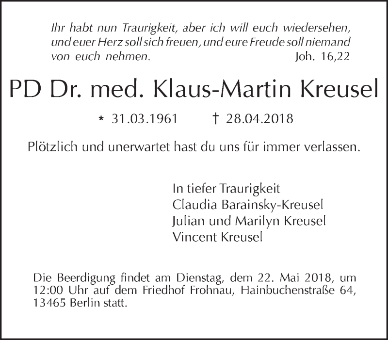  Traueranzeige für Klaus-Martin Kreusel vom 06.05.2018 aus Tagesspiegel