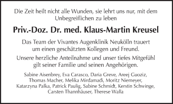 Traueranzeige von Klaus-Martin Kreusel von Tagesspiegel