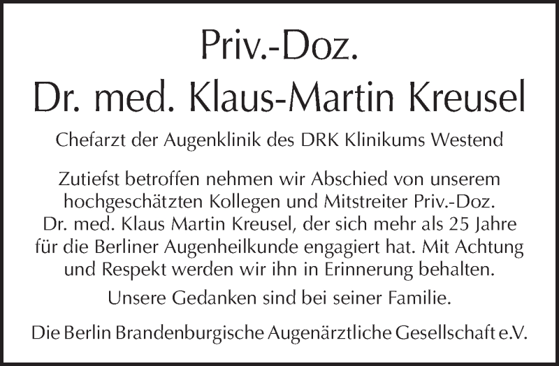  Traueranzeige für Klaus-Martin Kreusel vom 20.05.2018 aus Tagesspiegel