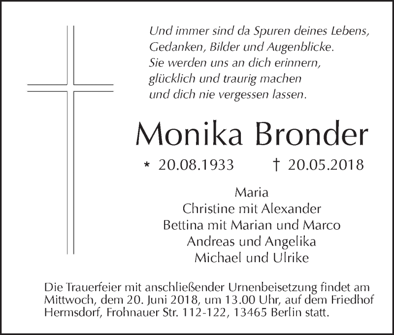  Traueranzeige für Monika Bronder vom 27.05.2018 aus Tagesspiegel