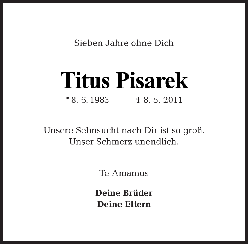  Traueranzeige für Titus Pisarek vom 08.05.2018 aus Tagesspiegel