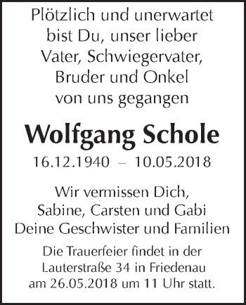 Traueranzeige von Wolfgang Schole von Tagesspiegel