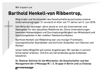 Traueranzeige von Barthold Henkel von Ribbentrop von Tagesspiegel