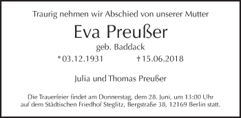 Traueranzeige von Eva Preußer von Tagesspiegel