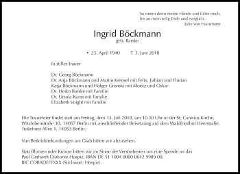 Traueranzeige von Ingrid Böckmann von Tagesspiegel