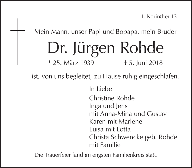  Traueranzeige für Jürgen Rohde vom 17.06.2018 aus Tagesspiegel