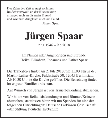 Traueranzeige von Jürgen Spaar von Tagesspiegel