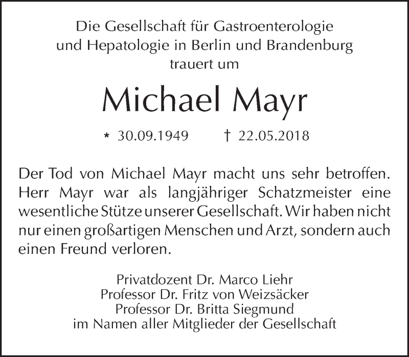  Traueranzeige für Michael Mayr vom 03.06.2018 aus Tagesspiegel