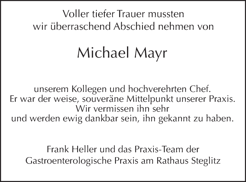  Traueranzeige für Michael Mayr vom 03.06.2018 aus Tagesspiegel