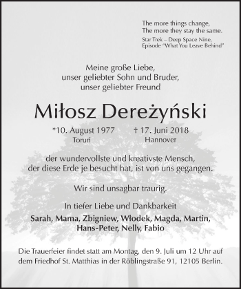 Traueranzeige von Milosz Derezynski von Tagesspiegel