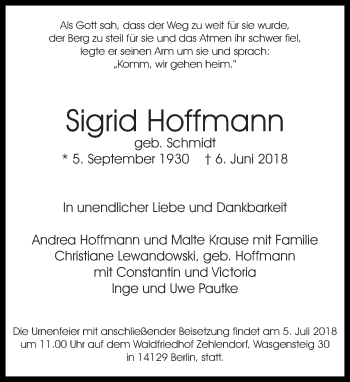 Traueranzeige von Sigrid Hoffmann von Tagesspiegel