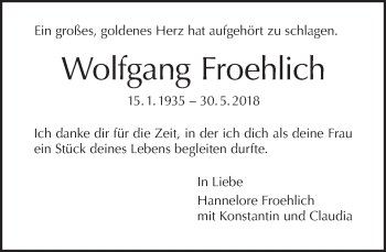 Traueranzeige von Wolfgang Froehlich von Tagesspiegel