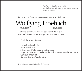 Traueranzeige von Wolfgang Froehlich von Tagesspiegel