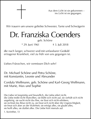 Traueranzeige von Franziska Coenders von Tagesspiegel