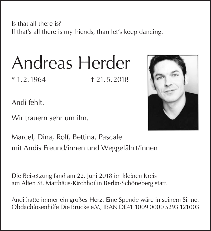  Traueranzeige für Andreas Herder vom 22.07.2018 aus Tagesspiegel