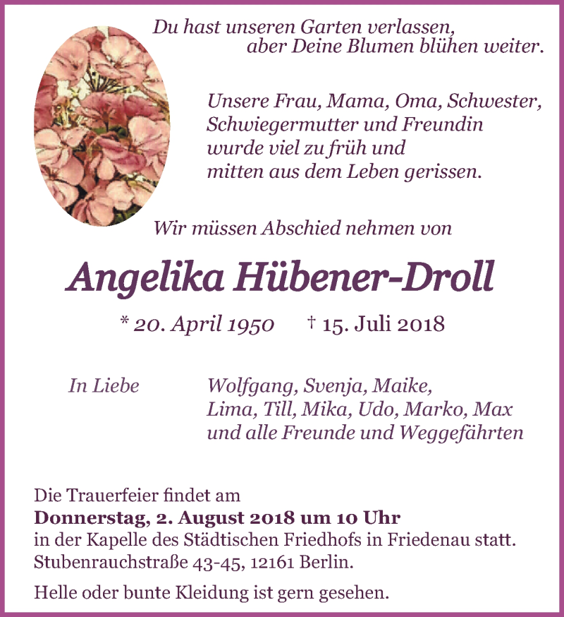  Traueranzeige für Angelika Hübener-Droll vom 29.07.2018 aus Tagesspiegel