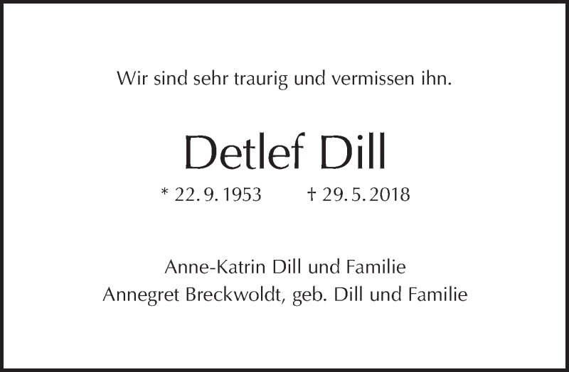  Traueranzeige für Detlef Dill vom 15.07.2018 aus Tagesspiegel