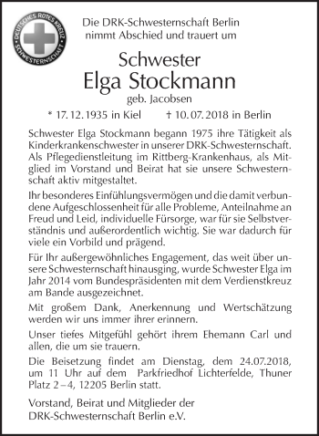 Traueranzeige von Elga Stockmann von Tagesspiegel