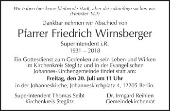 Traueranzeige von Friedrich Wirnsberger von Tagesspiegel