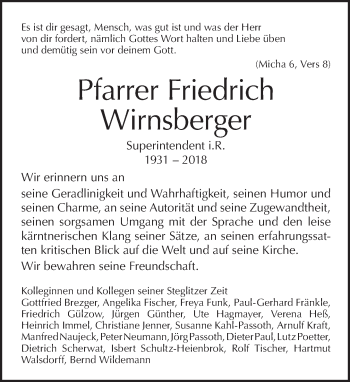 Traueranzeige von Friedrich Wirnsberger von Tagesspiegel