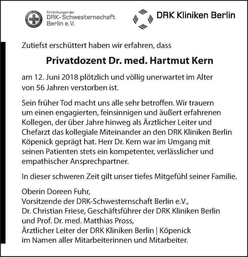  Traueranzeige für Hartmut Kern vom 08.07.2018 aus Tagesspiegel