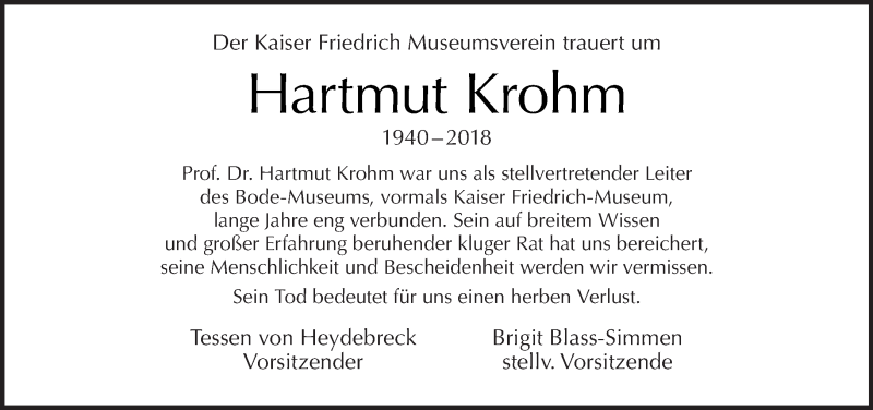  Traueranzeige für Hartmut Krohm vom 22.07.2018 aus Tagesspiegel