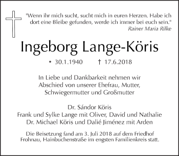 Traueranzeige von Ingeborg Lange-Köris von Tagesspiegel